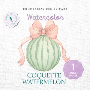 May include: A watercolour illustration of a watermelon tied with a pink bow. The watermelon is pale green with vertical stripes. Text includes "Watercolor" and "Coquette Watermelon". A small round logo and a purple tag with the number "1" are also present.