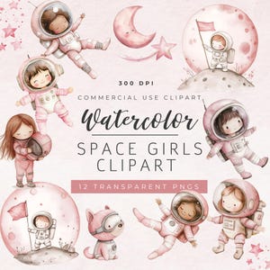 Espace rose filles aquarelle Clipart, fichiers PNG 300 DPI, fond Transparent PNG, usage commercial, espace rose des cliparts pour faire-parts et plus