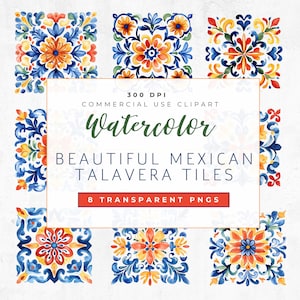 Beautiful Mexican Talavera Tiles Clipart, Watercolor Tile Clipart, Watercolor Transparent Background, Commercial Use, Spanish Tile Clipart
