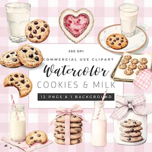 May include: Watercolour illustration of cookies and milk. The image features a variety of cookies, including chocolate chip cookies, heart-shaped cookies, and cookies on a baking sheet. There are also two glasses of milk and a jar of cookies.