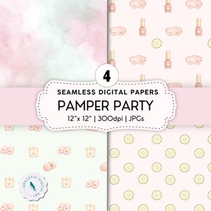 May include: Four seamless digital papers with a pamper party theme. The patterns include watercolor washes, nail polish and eye masks, cucumber slices, candles, slippers, and rolled towels. The papers are 12" x 12" and 300dpi.