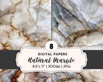 Puede incluir: Ocho papeles digitales con patrones de mármol natural. Los papeles presentan una variedad de colores, incluyendo blanco, gris y marrón, con vetas intrincadas. Los papeles miden 21,6 cm x 27,9 cm y 300 ppp, en formato JPG.