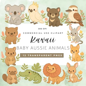 Kawaii Aussie Tiere Clipart Set - 12 süße Aussie Wildtiere PNGs | Baby Australier Clipart - Koala Clipart