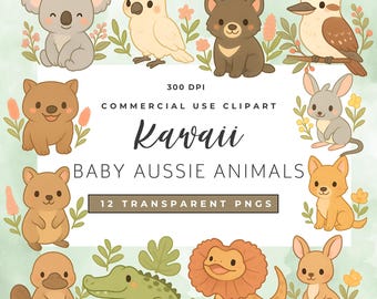 Kawaii australiska djur clipart set – 12 söta australiska vilda djur PNGs | Baby australiska djur clipart - Koala clipart