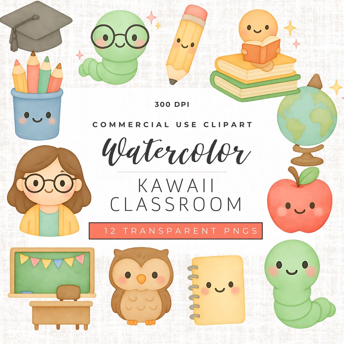 Kawaii Teacher Clipart Set: Watercolor School Supplies (digital ...