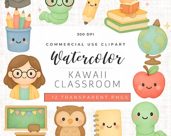 かわいい先生のクリップアートセット：水彩画の学用品（デジタルダウンロード、PNG 12 枚）