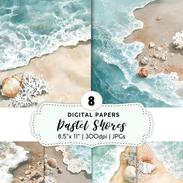 Beach Digital Paper Set | Coastal Digital Paper | Beach Backgrounds | Ocean & Shell Printable Paper JPG