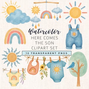 Pode incluir: Conjunto de cliparts em aquarela com sol, arco-íris, nuvens e roupas de bebê. O texto "Watercolor Here Comes The Son Clipart Set" é exibido. Inclui 12 PNGs transparentes. A paleta de cores inclui amarelo, azul, laranja e pêssego.