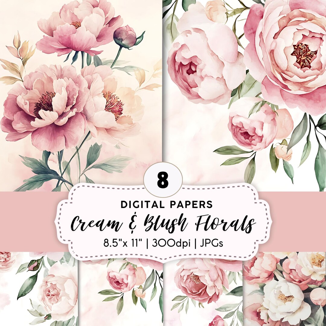 Ivory and Blush Peonies & Roses Digital Paper Pack – 8 Elegant Floral ...