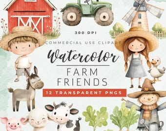 Farm Friends Clipart: 12 Watercolor Farm Animal PNGs (Digital Download)