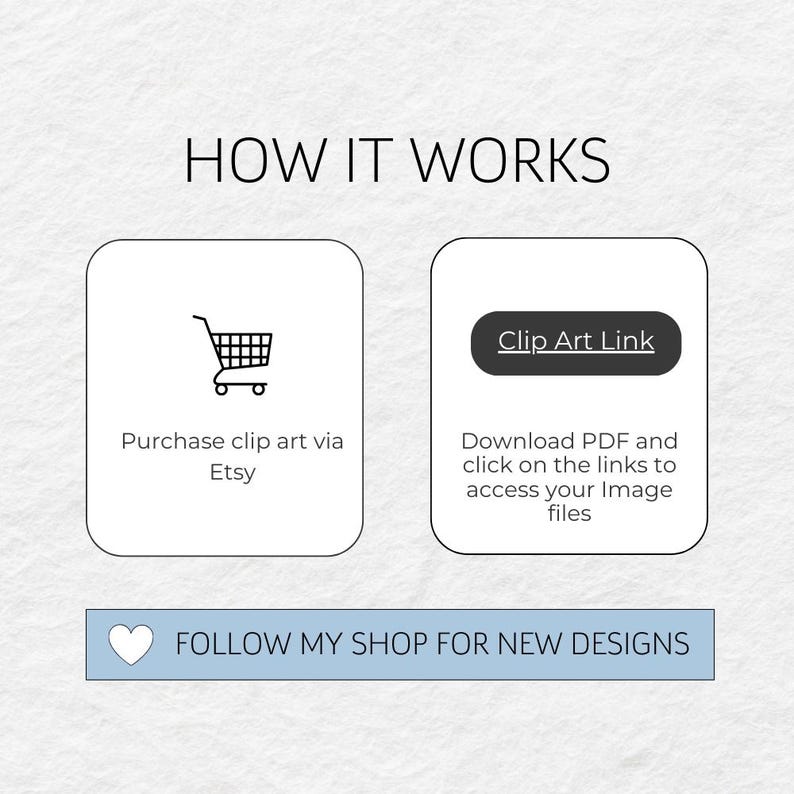 May include: A white graphic with black text that says "HOW IT WORKS" and two white boxes with black outlines. The left box has a black shopping cart icon and the text "Purchase clip art via Etsy". The right box has a gray button that says "Clip Art Link" and the text "Download PDF and click on the links to access your Image files". Below the boxes is a light blue rectangle with a white heart icon and the text "FOLLOW MY SHOP FOR NEW DESIGNS".