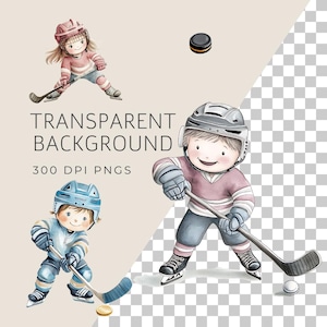 May include: Three watercolor illustrations of children playing hockey. The children are wearing hockey uniforms and helmets. One child is holding a hockey stick and puck. The illustrations are on a transparent background.