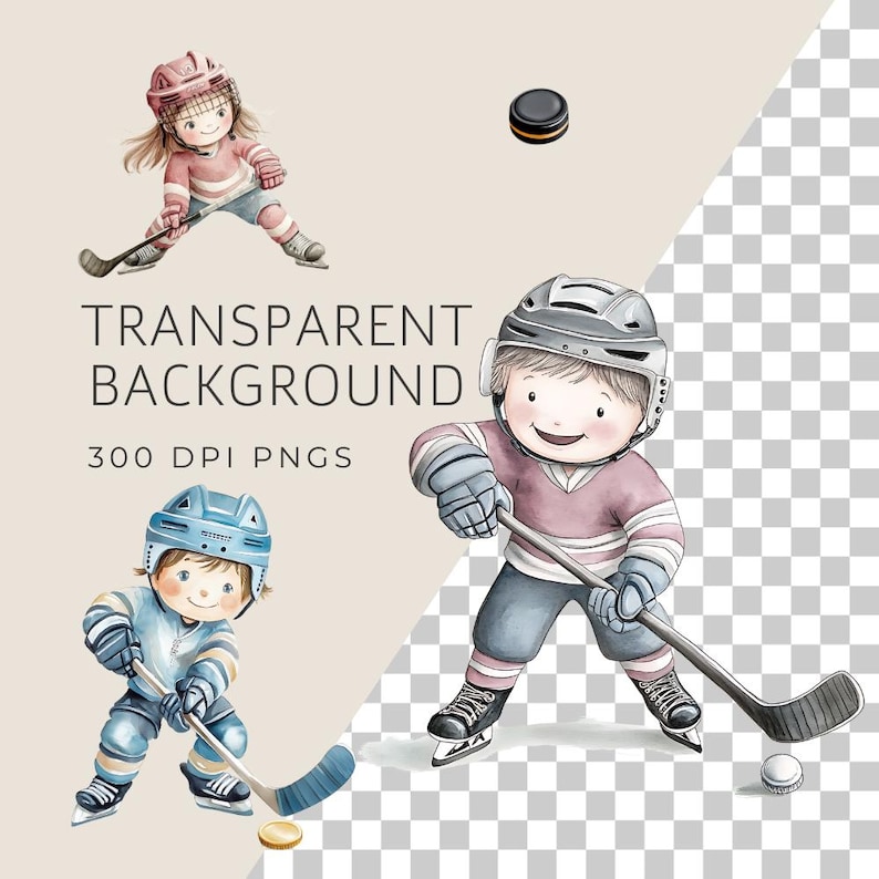 May include: Three watercolor illustrations of children playing hockey. The children are wearing hockey uniforms and helmets. One child is holding a hockey stick and puck. The illustrations are on a transparent background.