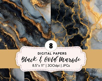 May include: Eight digital papers with a black and gold marble design. The papers are 8.5" x 11" and 300dpi. The text on the image reads "Black & Gold Marble" and "DIGITAL PAPERS".