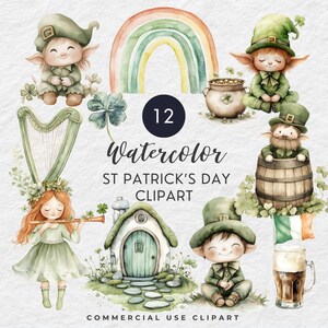 Watercolor St Patrick's Day Clipart Bundle: Leprechauns, Rainbows (PNG Digital Download)