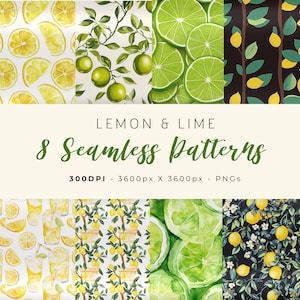 Zitrone und Limette Musterdesign-Set mit 8, Aquarell Zitrusfrucht Muster, nahtlose Muster, Aquarell digitale Muster, kommerzielle Nutzung