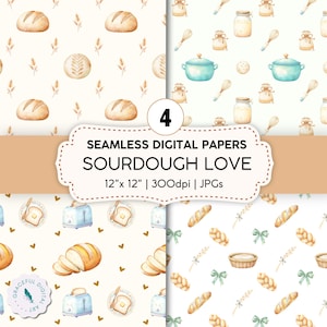 May include: A set of four seamless digital papers titled Sourdough Love, measuring 12 inches by 12 inches. The patterns feature watercolor illustrations of sourdough bread loaves, wheat stalks, blue Dutch ovens, whisks, jars, toasters, and buttered toast.