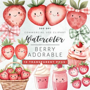 Aquarell Erdbeere Clipart, Beere entzückende Clipart, Beere Süße Babyparty, Beere niedliche Erdbeere PNGs, Aquarell Erdbeeren und Bögen