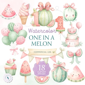 One In A Melon Clipart Bundle, Watermelon First Birthday PNG, Cute Watercolor Birthday Clipart Set, Pastel Summer Party Graphics