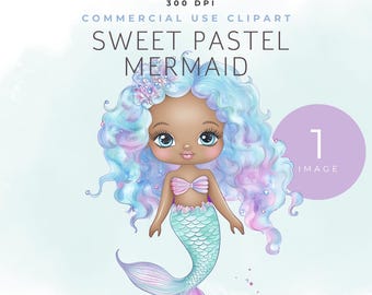 Watercolor Mermaid Clipart, Cute Mermaid PNG, Pastel Ocean Girl Art, Fantasy Mermaid Illustration, Digital Mermaid Print, Transparent PNG