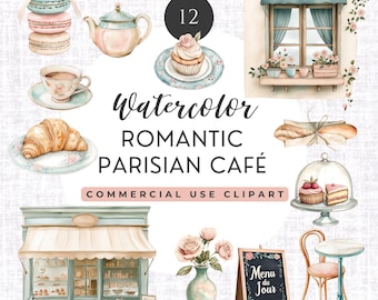 May include: Watercolor illustrations of Parisian cafe elements, including pastries, a teapot, a cafe storefront, and a menu board. The text reads "Watercolor Romantic Parisian Cafe" and "Commercial Use Clipart."