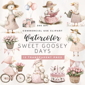 Silly Goose Clipart Set, Cute Watercolor Geese Clipart Set, 12 Cute Watercolor Goose PNGs, Sweet Goose Clipart, Silly Goose Baby Shower