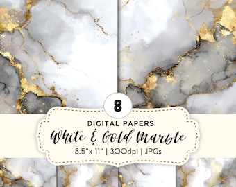 May include: Eight digital papers with a white and gold marble design. The papers have a marbled effect with gold veining and a white background. The text "White & Gold Marble" is displayed on a decorative label. Each paper measures 8.5" x 11".