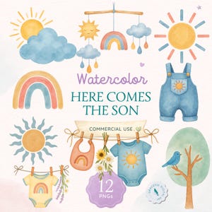 Here Comes the Son Baby Shower Clipart | Watercolor Baby Boy Clipart | Sun Baby Shower Graphics, First Trip Around The Sun Birthday Clipart