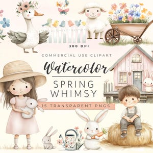 Watercolor Whimsical Spring Clipart Set – Cute Kids, Bunnies, Spring Animals Clipart – Whimsical Spring PNGs for Invitations, Farm Clipart