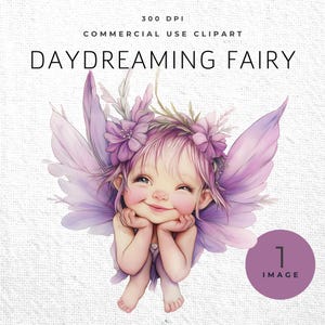 Daydreaming Baby Fairy Clipart | Whimsical Purple Fairy PNG | 300 DPI High-Quality Image | Commercial Use | Magical Fairy Digital Art