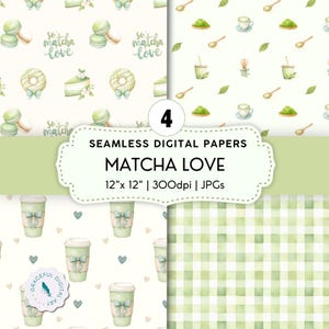 Könnte beinhalten: Vier nahtlose digitale Papiere mit Matcha-Thema. Die Designs umfassen Muster von Matcha-Desserts, Teetassen, Löffeln und Coffee-to-go-Bechern. Der Text "Matcha Love" ist auf den Papieren zu sehen. Jedes Papier ist 30,48 cm x 30,48 cm und 300 dpi groß.