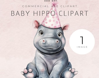 Watercolor Baby Hippo Clipart: Party Hat PNG (Commercial Use)