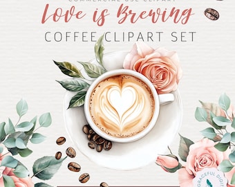 Love Is Brewing Bridal Shower Clipart Set, Bridal Shower Coffee Clipart, Watercolor Cafe Aesthetic, Digital Download, Transparent Background
