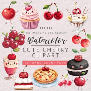Peut inclure: Un ensemble de 12 illustrations aquarelle représentant de jolies cerises. Les illustrations comprennent des cerises avec des visages, des cupcakes à la cerise, des tartes à la cerise, des coupes glacées à la cerise et des desserts à thème cerise. Les illustrations sont parfaites pour ajouter une touche de fantaisie à vos projets.