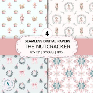 Patrones sin costuras del Cascanueces / Patrones navideños en acuarela / Papel para álbumes de recortes navideño en tonos pastel / Fondos de ballet y del Cascanueces