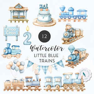 Könnte beinhalten: Aquarellillustrationen von kleinen blauen Zügen, einem Bahnhof, einer Geburtstagstorte, Luftballons und einer Kerze mit der Zahl 2. Der Text "Watercolor Little Blue Trains" ist ebenfalls enthalten. Die Illustrationen sind in Pastellfarben gehalten.