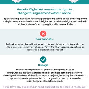 Puede incluir: Documento de T&eacute;rminos de Uso de Graceful Digital Art, en color turquesa y blanco. El documento detalla los derechos de uso del clipart, incluyendo lo que est&aacute; permitido y prohibido, as&iacute; como informaci&oacute;n de licencia y restricciones.