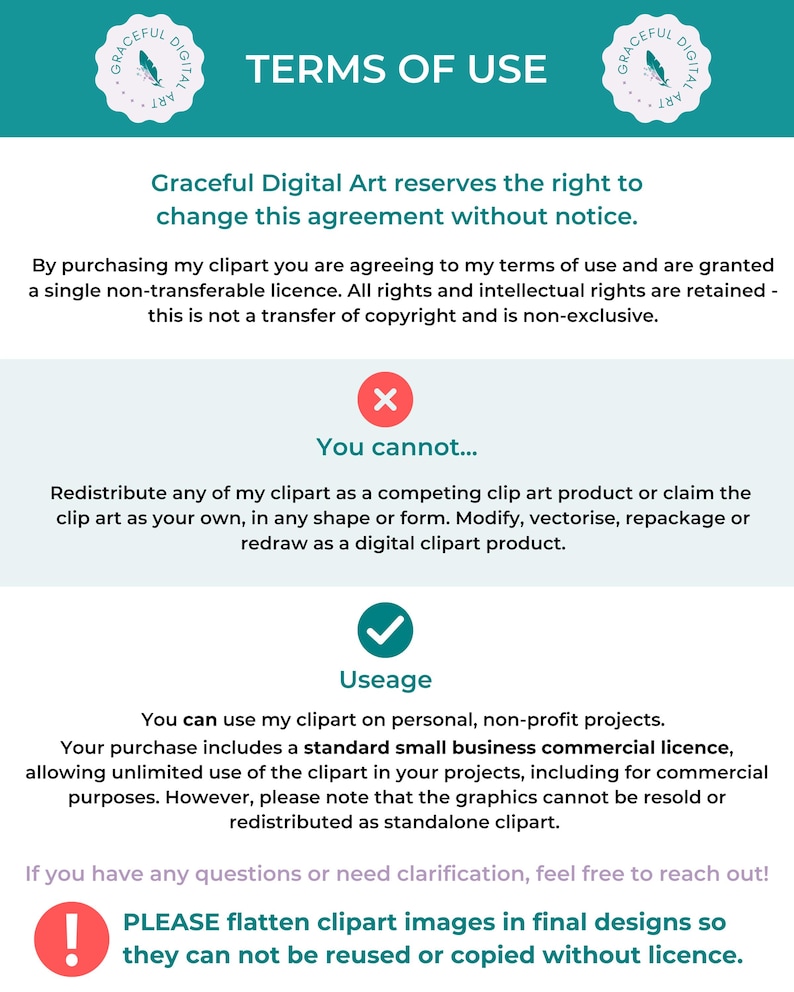 Puede incluir: Documento de T&eacute;rminos de Uso de Graceful Digital Art, en color turquesa y blanco. El documento detalla los derechos de uso del clipart, incluyendo lo que est&aacute; permitido y prohibido, as&iacute; como informaci&oacute;n de licencia y restricciones.