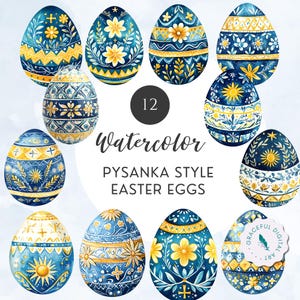 Könnte beinhalten: Zwölf Ostereier im Pysanka-Stil, aquarelliert in Blau, Gelb und Weiß. Jedes Ei zeigt aufwendige Blumen- und geometrische Muster. Der Text "12 Watercolor Pysanka Style Easter Eggs" ist ebenfalls enthalten.