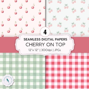 Può includere: Un set di quattro carte digitali senza cuciture intitolato Cherry on Top, che misura 30,48 cm x 30,48 cm a 300 dpi. I motivi includono ciliegie rosa su sfondo rosa chiaro, ciliegie con fiocchi verde chiaro su bianco, un motivo a quadretti verde chiaro e uno rosso.