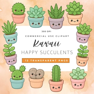Paquete de imágenes prediseñadas de suculentas kawaii: cactus pastel y adorables ilustraciones de plantas. 12 PNG para pegatinas, agendas, álbumes de recortes y manualidades digitales.