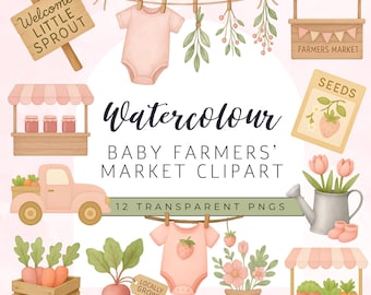 Clipart de baby shower de cultivo local / Clipart de mercado de agricultores para bebés / PNG de baby shower de niña en flor / Clipart de baby shower de Little Sprout