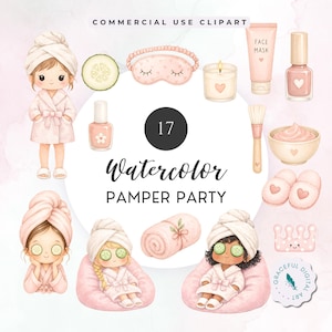 Könnte beinhalten: Aquarell-Illustration mit Spa-Tag-Elementen. Enthält ein Mädchen im Bademantel, Gurkenscheiben, Augenmaske, Kerze, Gesichtsmaske, Nagellack, Pinsel, Schüssel mit Creme, Hausschuhe und den Text "Watercolor Pamper Party".