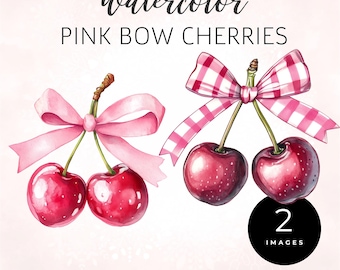 Clipart de cereza en la cima / Clipart de cereza coqueta / Clipart de cereza con lazo rosa acuarela / Clipart de cerezas y lazo