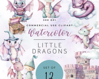 May include: A set of 12 watercolor illustrations of cute little dragons in various poses. The dragons are pink, green, and blue with purple accents. The set includes a dragon holding a cupcake, a dragon sleeping on a cloud, a dragon with a magic wand, and a dragon flying. The set also includes a castle and a treasure chest. The text "Watercolor Little Dragons Set of 12" is included in the image.