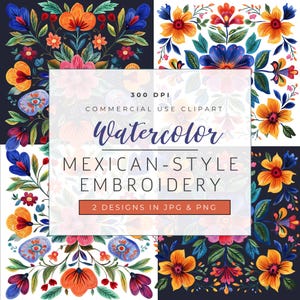 Watercolor Mexican Embroidery Clipart – Folk Art Floral Design – Digital PNG and JPG for Sublimation, Mexican Tile Design