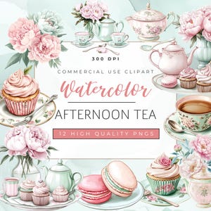 Aquarell Nachmittagstee Clipart Set, 11 Tee-Party PNGs 1 nahtlosen Hintergrund, Vintage Blumen Teetassen, verschütten Sie den Tee Brautdusche Clipart