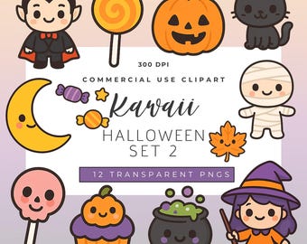 Kawaii Halloween Clipart Set - 12 Cute Spooky PNGs | Cute Halloween Clipart | Pumpkin, Witch, Mummy, Vampire, Candy & More!