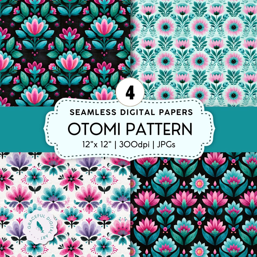 Otomi Pattern Digital Paper, Pink Aqua Seamless Floral, 12x12 Scrapbook ...