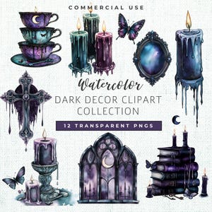 May include: A watercolour collection of dark decor clipart, including teacups, candles, a cross, a mirror, a window, books, and butterflies. The colour scheme features purple, blue, and black. The text reads "Watercolor Dark Decor Clipart Collection" and "12 Transparent PNGs."